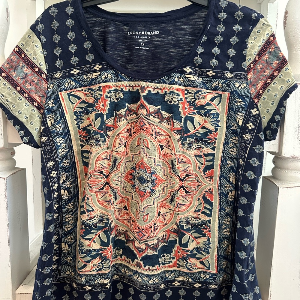 Lucky Brand Navy and Multicolor Short Sleeve Tee